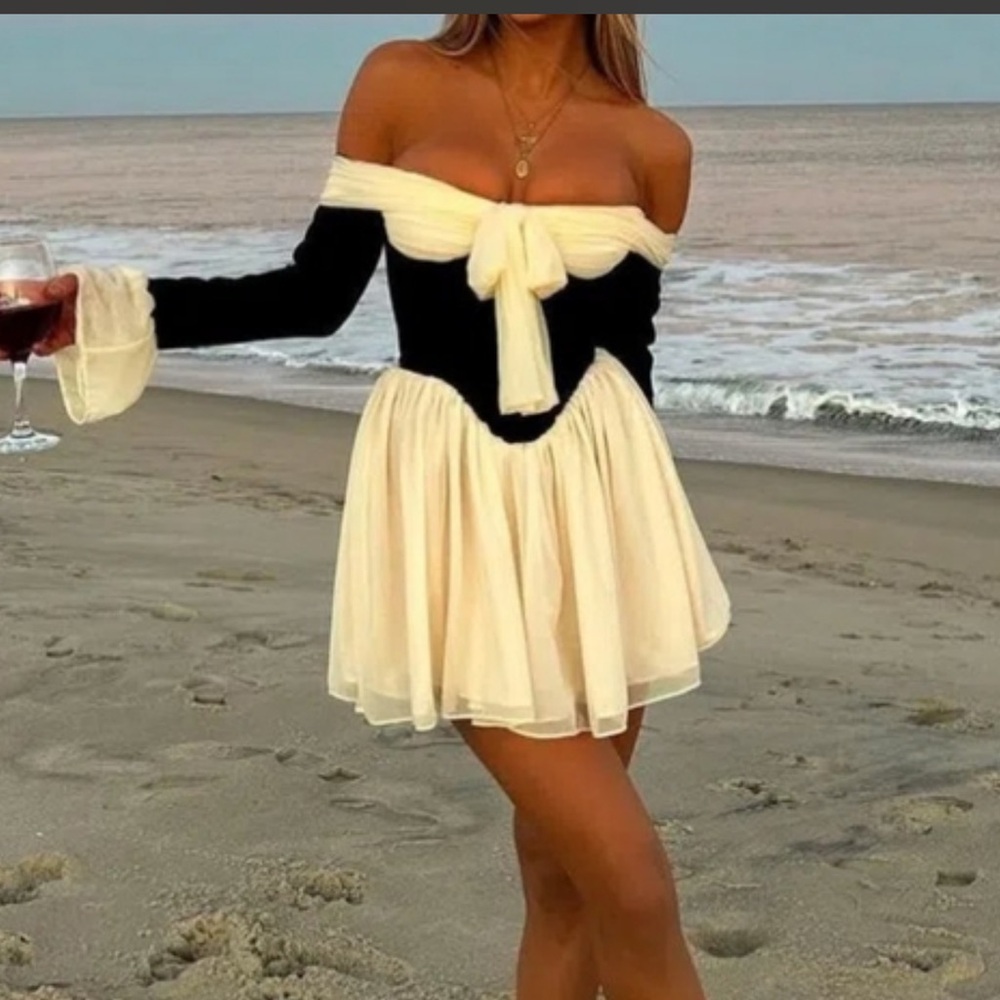 HOUSE OF CB 'Alana' Black & Cream Off Shoulder Dress /Size S US 4-6